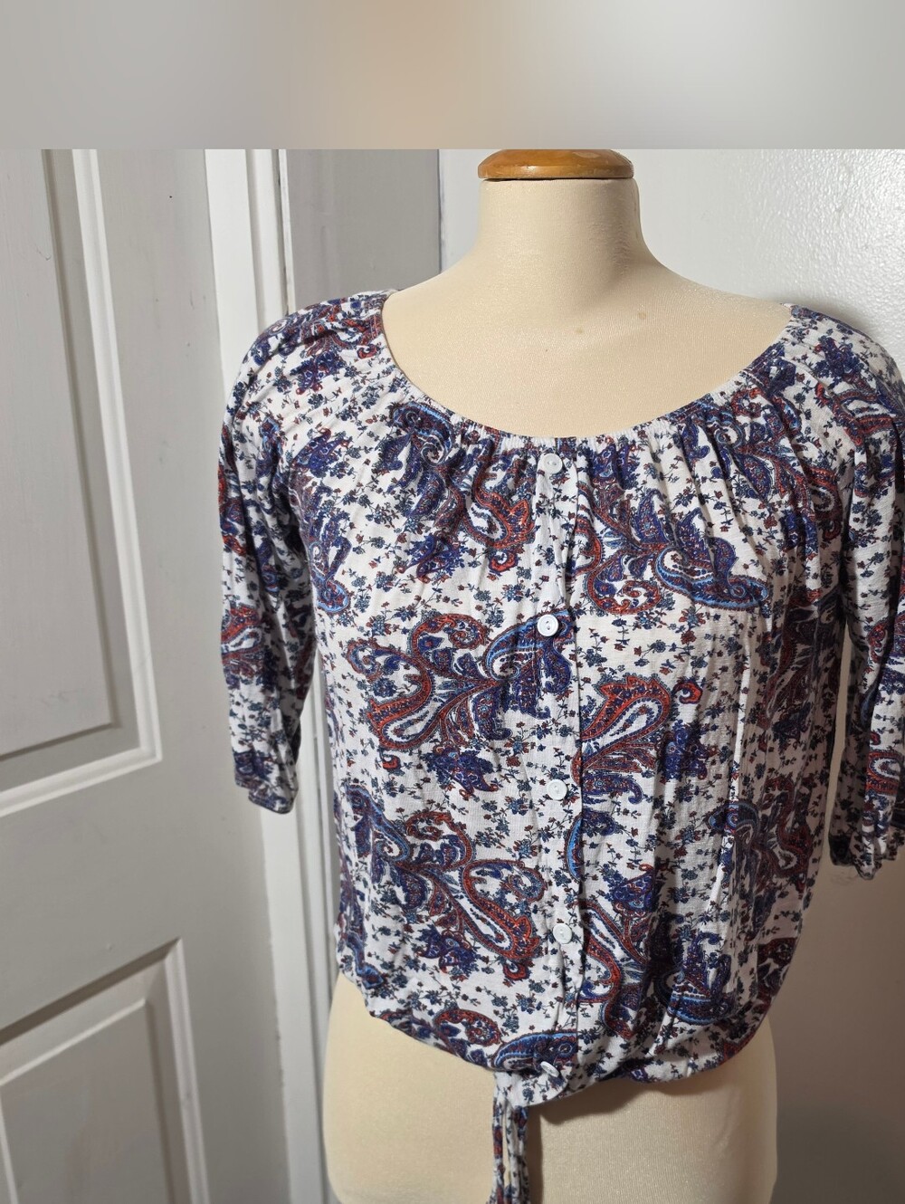 Agenda White Paisley Button Tie-Front Crop Top - Blue & Rust